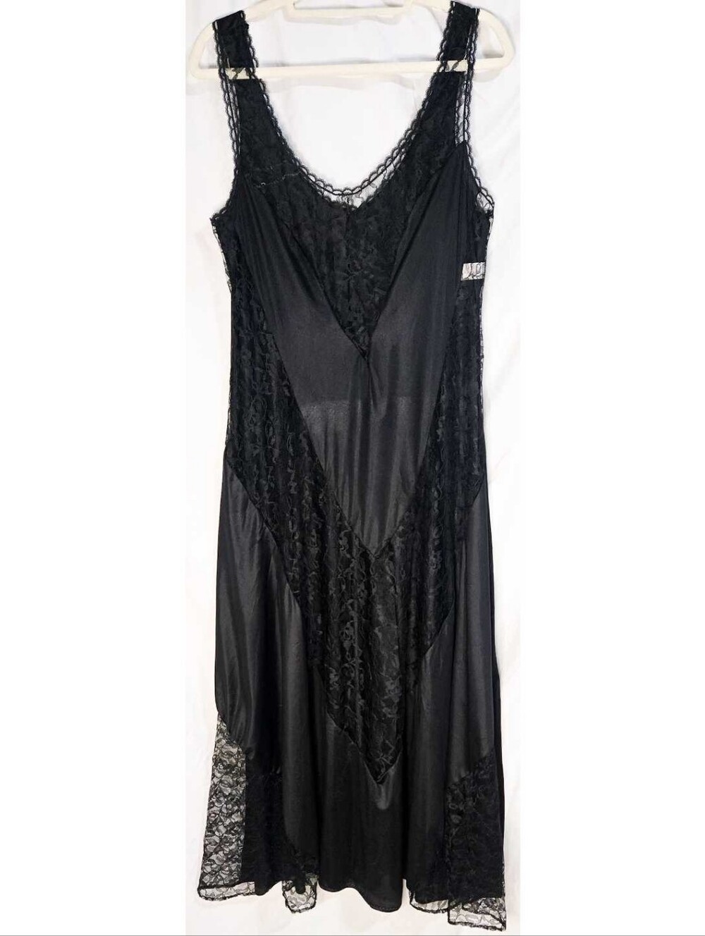 Vintage 90s 80s Slip Dress Maxi Black Satin Lace Lingerie Plus Size Whimsigoth - Picture 3 of 4
